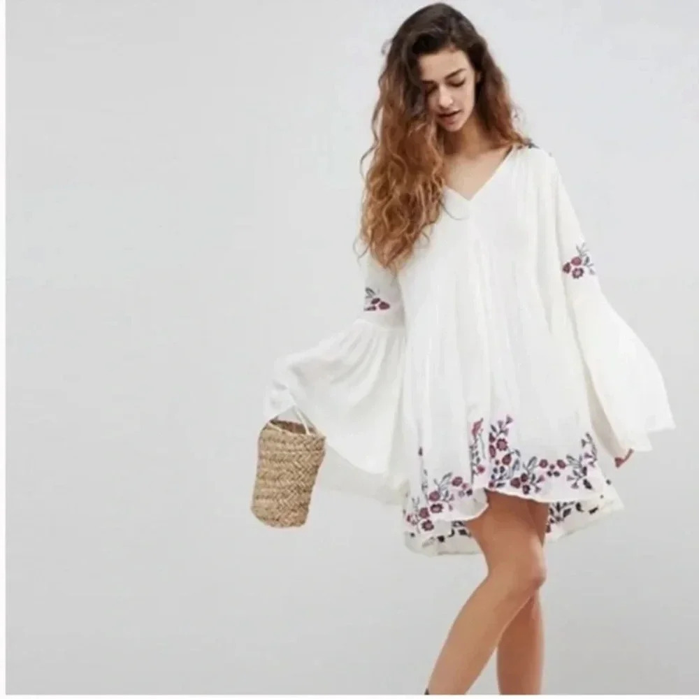 Free People White Te Amo Floral Boho Mini Swing Dress Small